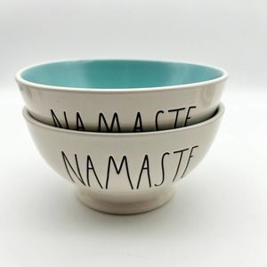 RAE DUNN by Magenta White and Teal Blue Namaste Set of Bowls (2)